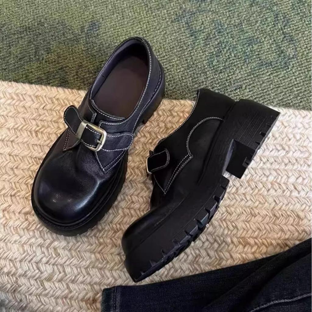 Cowhide version~ genuine leather thick-soled thick-heeled small leather shoes for women's spring and autumn new belt buckle loafers British versati