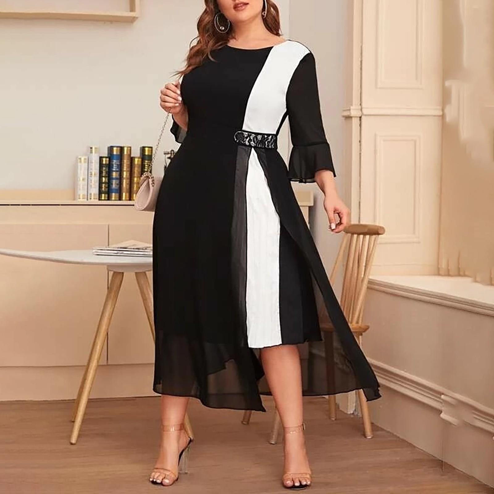 Women s Fashion Plus Size Skirt Chiffon Stitching Collision Color Waist Dress XL чёрный