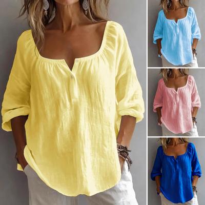 Women Tops V-Neck Long Sleeve Loose Fit Blouse Solid Color Stretchy Neckband Tops Work