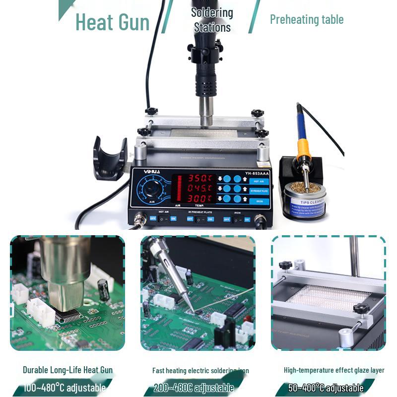 Yihua 853A 3-in-1 Lead-Free Preheating & Rework Station with Hot Air Gun & Soldering Iron