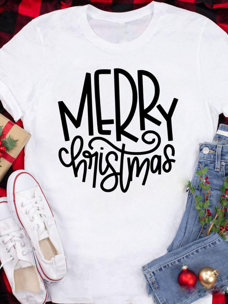 (Asian Size) Tee Top Festival  Merry Christmas New Year Holiday Casual Love Heart Plaid Women Print Lady Short Sleeve Fashion Graphic T-shirts