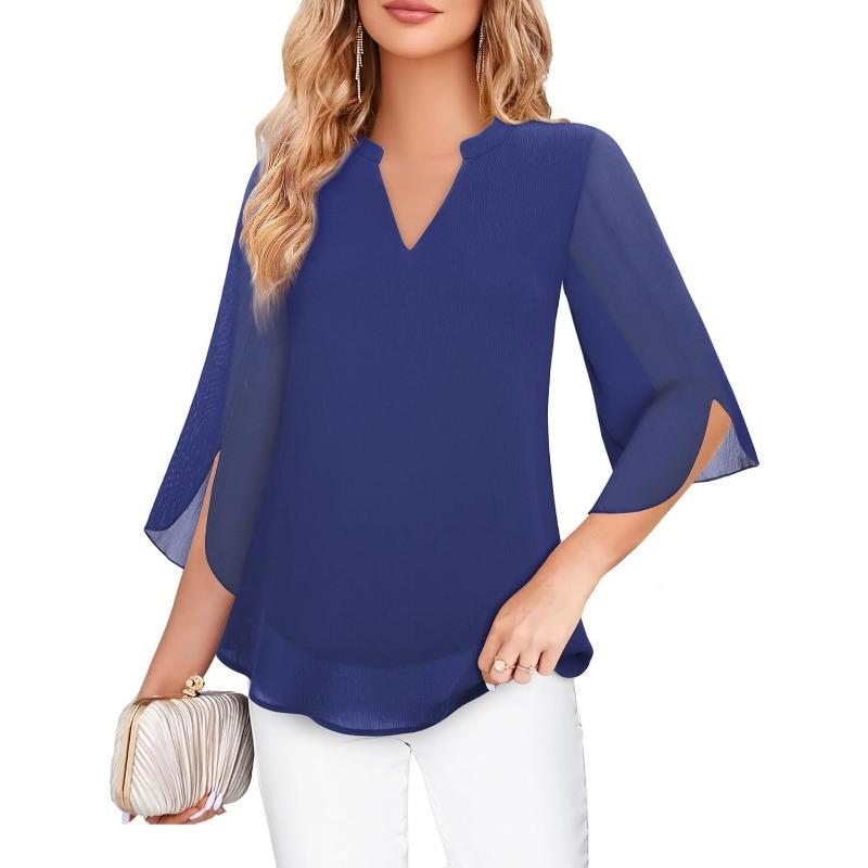 Fashion Loose Casual Summer Chiffon Blouse Women Loose V-neck Shirt Elegant Short Sleeve Solid Color Top Office Ladies Female Basic Women's Clothing