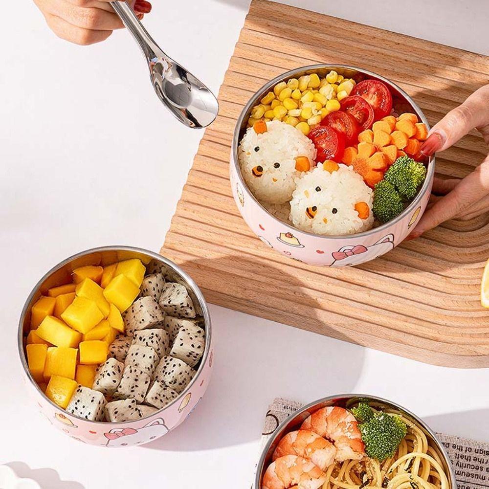 Anti-scalding Stainless Steel Children's Bowl Double Layer Rice Bowl Tableware Ramen Bowl  Soup