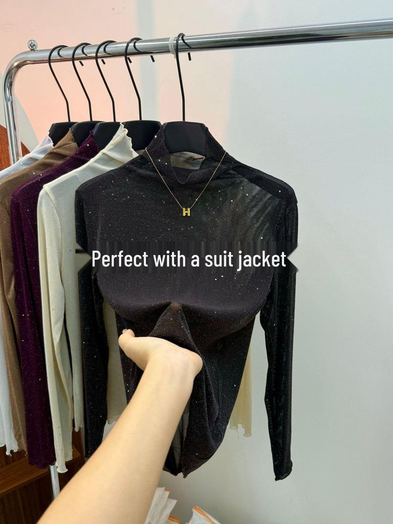 Purple Sequin High Neck Ruffle Lace Top - Women's Slimming Long Sleeve T-Shirt for Autumn/Winter Trends