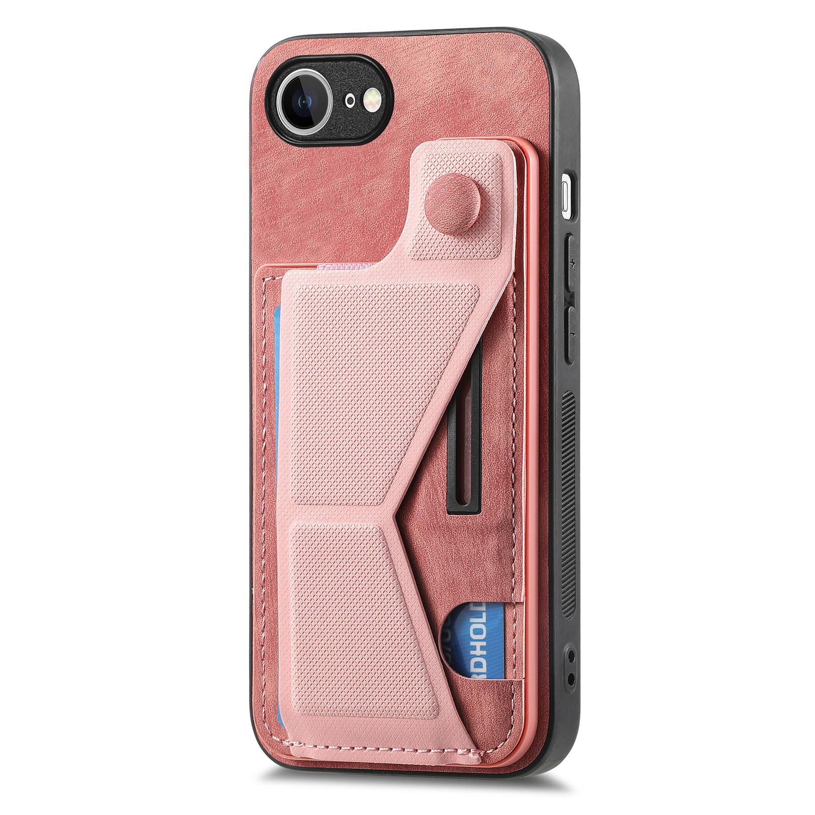 

For iPhone 16e Case with Card Slot Kickstand Retro Leather Back Cover Pink