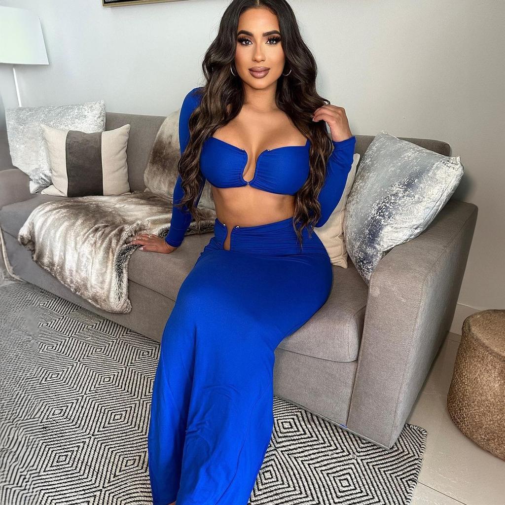 Solid Metal Buckle Two Piece Set Party Dress Women Sexy Ruched Strapless Long Sleeve Crop Top High Waist Bodycon Maxi Skirts