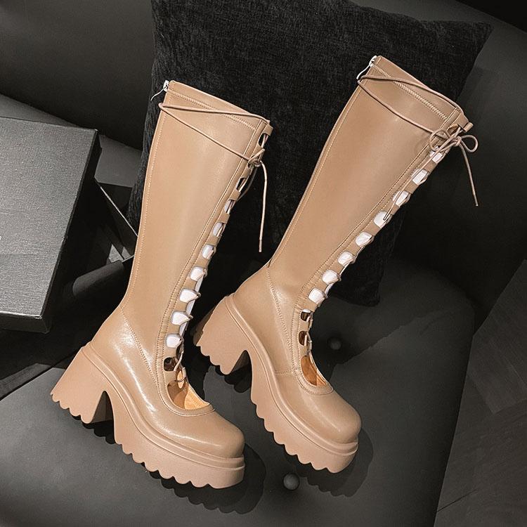 Fashion Comemore Summer Women High Boots Fashion Lace Up Platform Heel Shoes Ladies Elegant Women's Black Hollow Out Cool Knight Botas