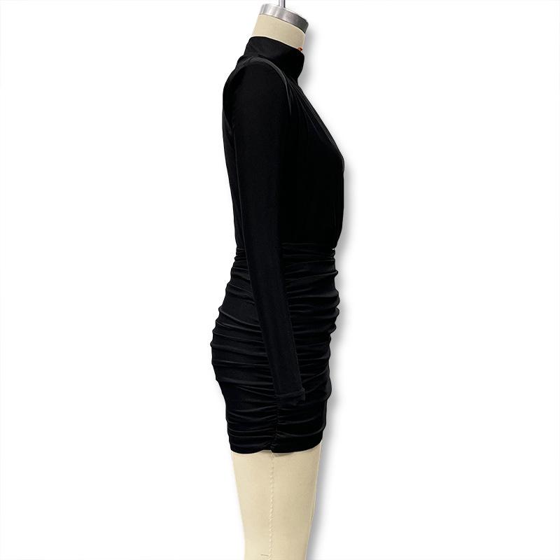 European Style Autumn/Winter 2025 Semi-High Neck Solid Color Long Sleeve Pleated Bodycon Dress