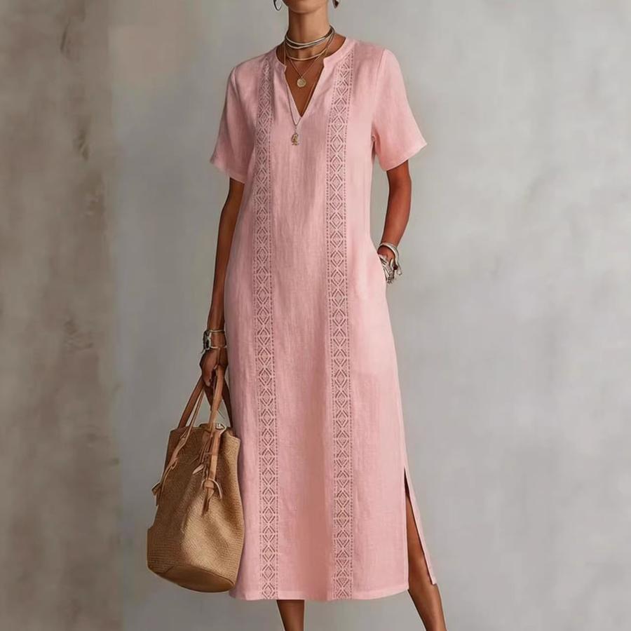 Vintage Comfortable Hollow Lace V-Neck Loose Cotton Linen Dress for Women