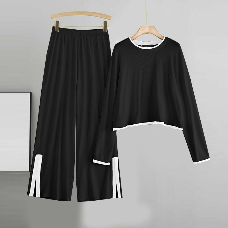 

ZANZEA Женские осенние комплекты из футболки с круглым вырезом и длинными рукавами и брюк S чёрный