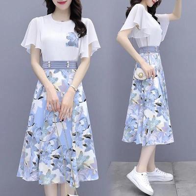 Women's Suits Summer Fashion Casual Slim Temperament Floral T-shirts Skirts Female Two Piece Sets
