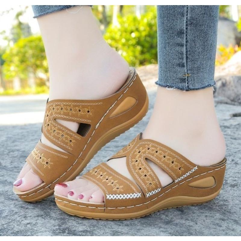 Sommer Kile Sandaler Premium Ortopediske Sandaler med Åpen Tå Vintage Sklisikker Lær Casual Dame Plattform Retro Tøfler