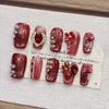 Red Cat Eye Short Almond Manicure: Handmade High-End Fake Nail Tips for New Year
