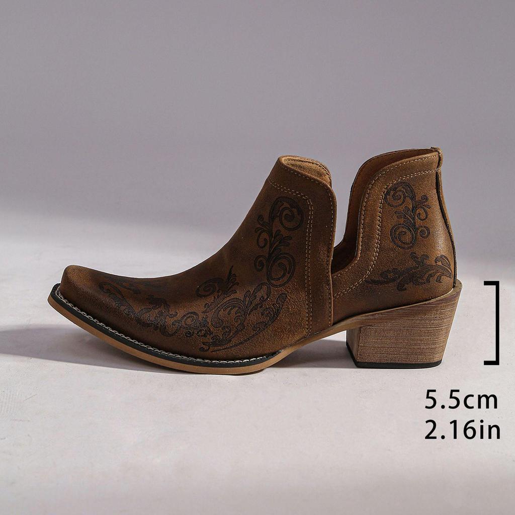 2026 Spring Women's Embroidered Short Retro Boots: Ethnic Style Chunky Heel Western Cowboy Shoes