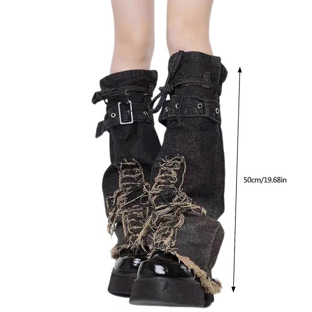 Japanese Women Buckled Strap Distressed Crosses Star Jeans Leg Warmers Harajuku Punk Flared Leg Cover Baggy Long Socks