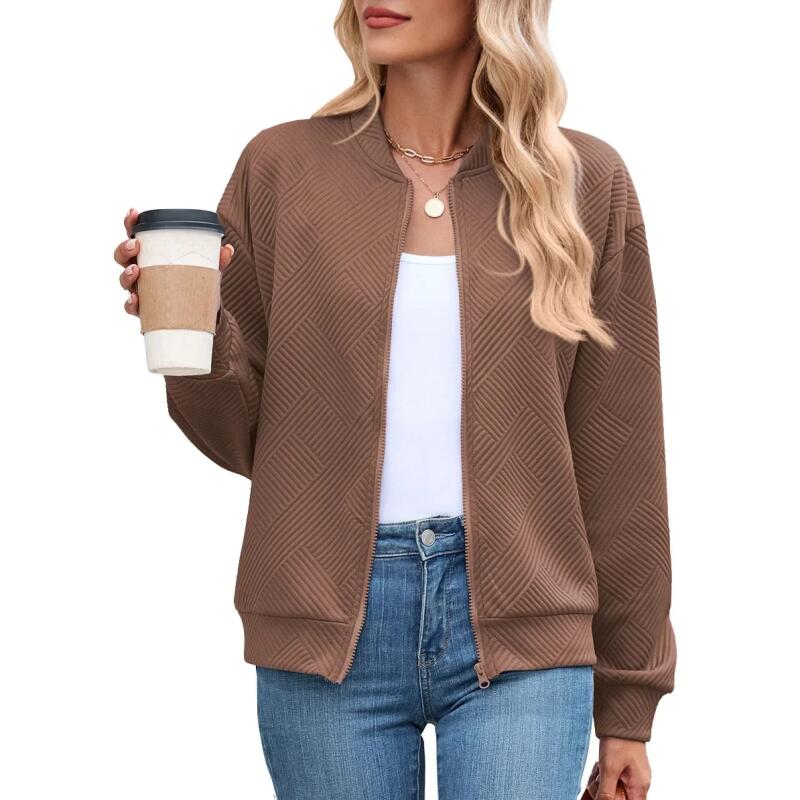 Women's Pure Color Zipper Long Sleeve Casual Jacket Baseball Style Autumn Winter New Arrival Fashion Outerwear Coat