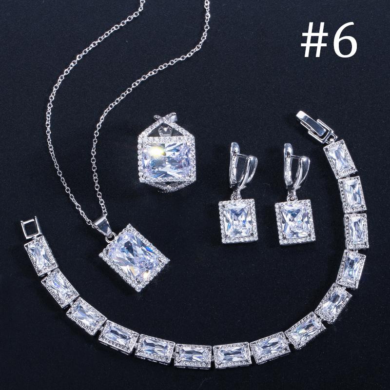 WWJ Роскошные 4 шт. Принцесса огранка циркония обручальное кольцо ожерелье серьги браслет набор 6 серебряный