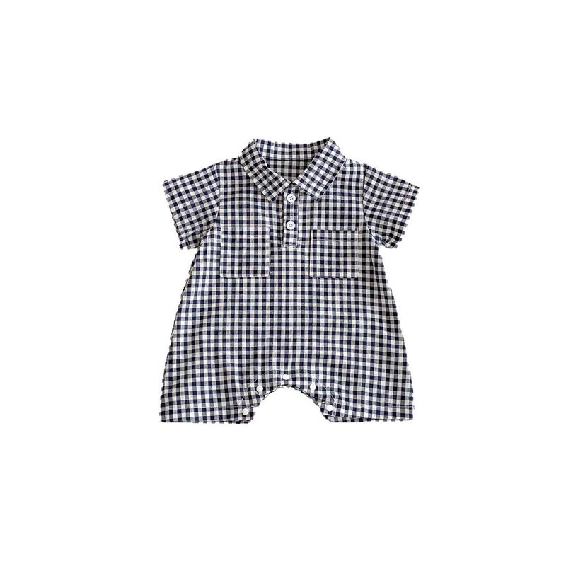 New Boys' Plaid Romper, Newborn Summer Pure Cotton Short-Sleeve Shirt, Baby Onesie, Thin Style