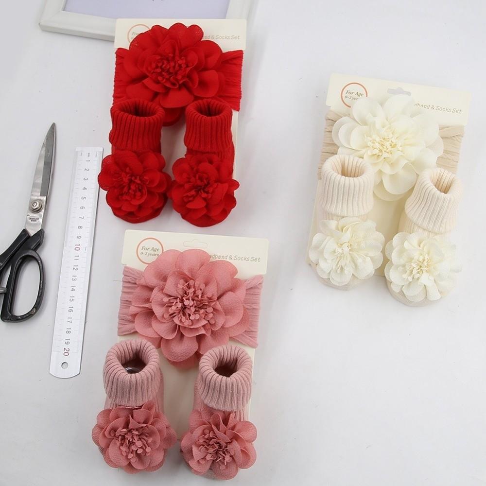 3Pcs/Set Anti Slip Baby Headband Socks Set Lace Flower Cotton Socks Infant Photogrphy Props