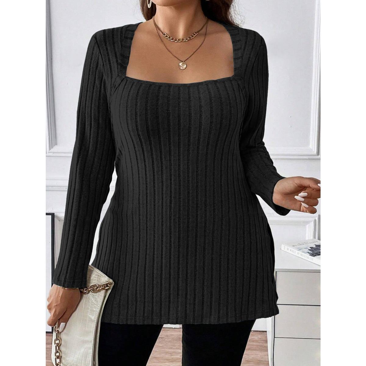 

Fall Winter Women s Solid Ribbed Brushed Square Neck Long Sleeve Top New Arrival XL чёрный