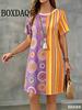 Women's Summer New Round Neck Short Sleeved Loose Print Dress with Striped Polka Dot Geometric Elements