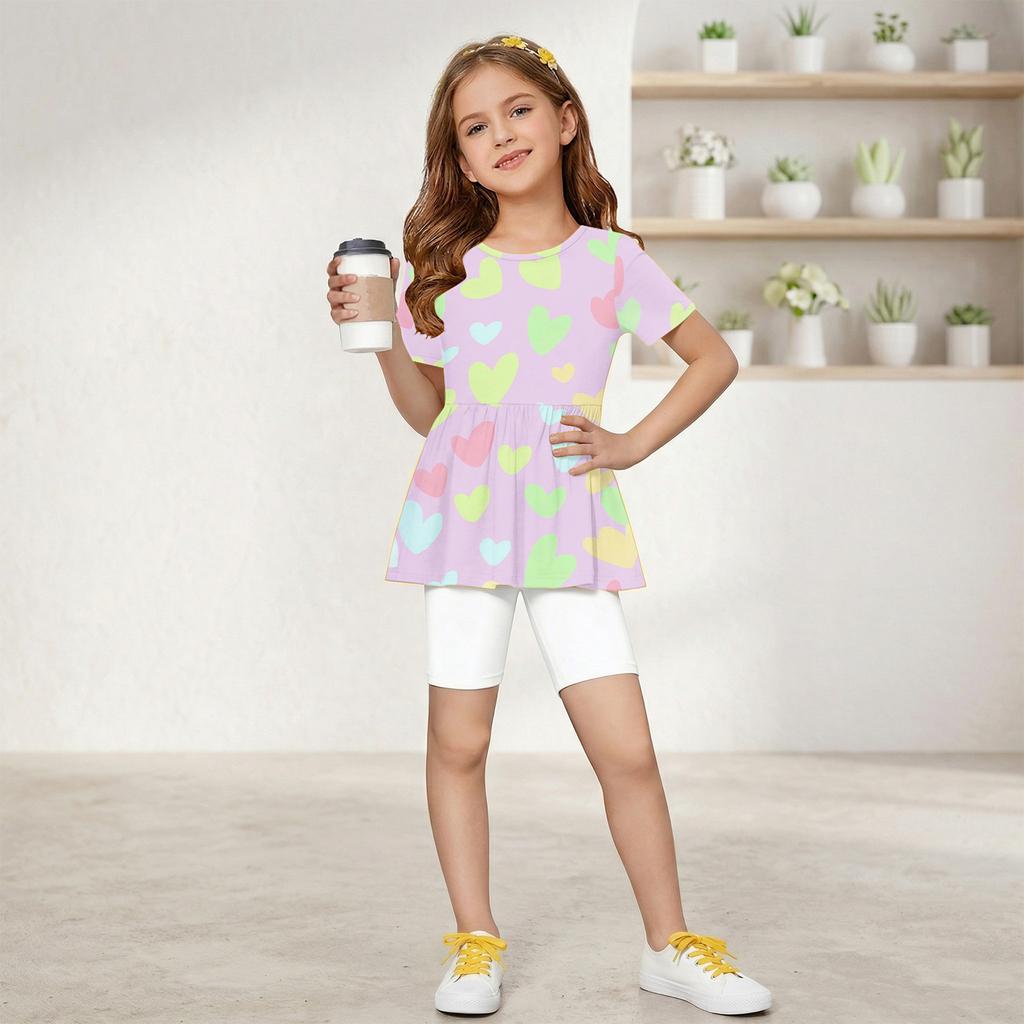 Girls Summer Outfit Short Sleeve Peplum Top with Ruffle Hem and Matching Shorts Set Lightweight Soft Fabric Casual Wear