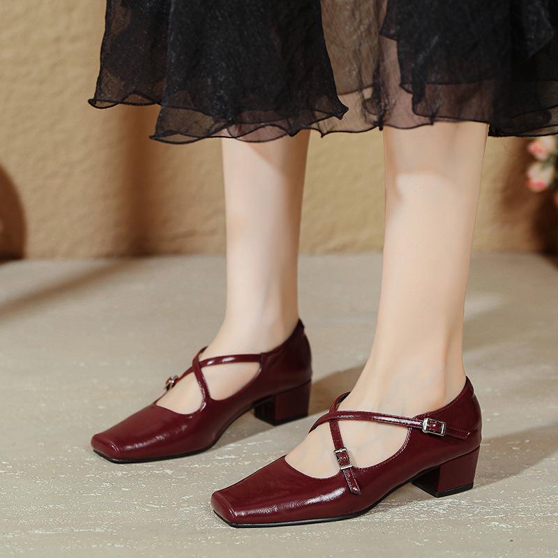 French Cross Strap Mid-heeled Shoes Small Square Toe Retro Women's Shoes Thick Heel Shallow Mouth High Heels