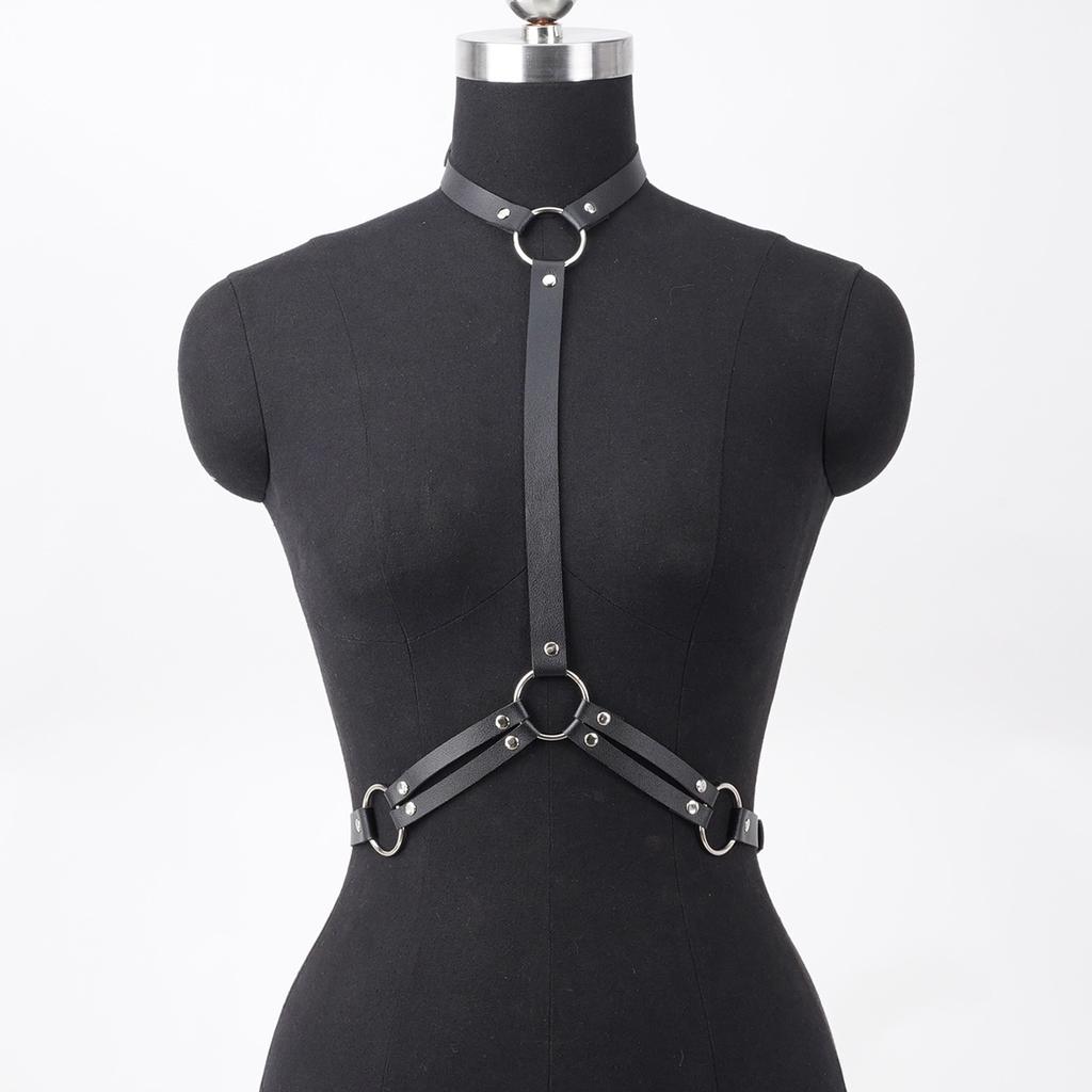 Punk Style Black Leather Body Chest Harness Belt:Adjustable Women's Rave Outfit Bra Top, Gothic Lingerie Accent