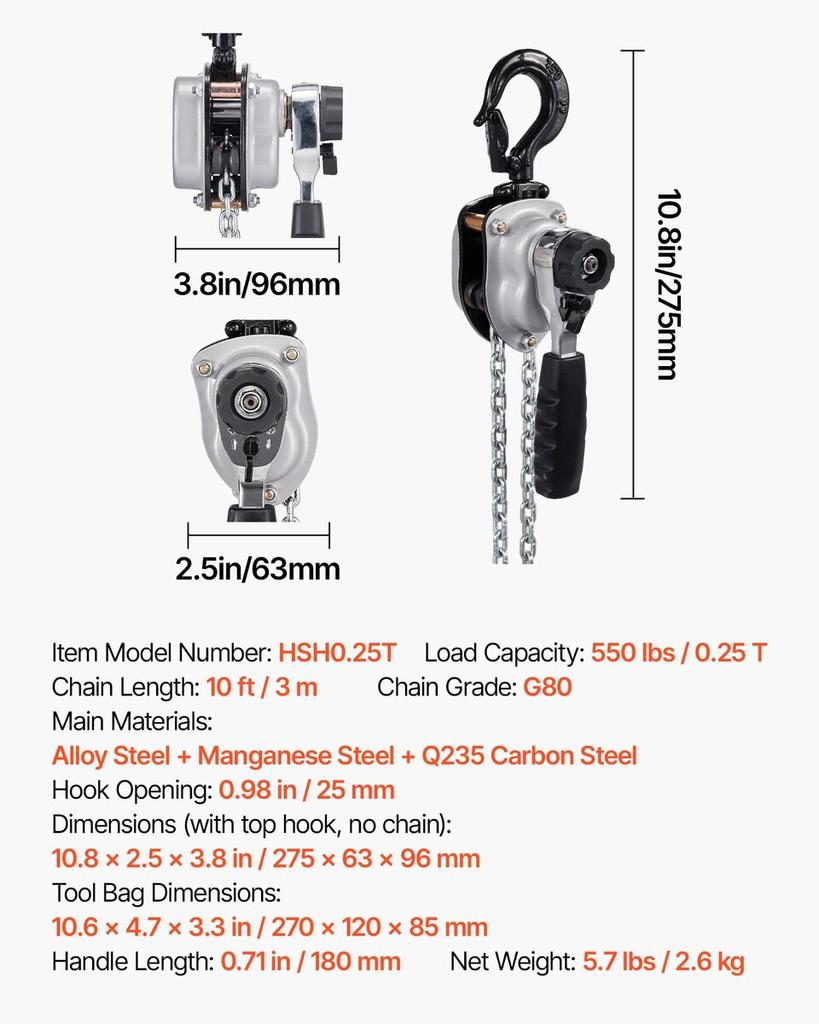 Manual Lever Chain Hoist, 1/4T 250KG Capacity Heavy Duty Come Along, 3M Lift G80 Alloy Steel Chain With Dual Pawl Mechanical Brake, 360° Rotating