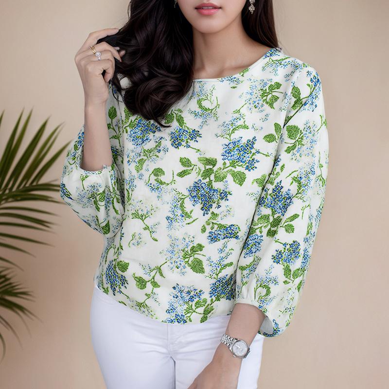 

ZANZEA Женская повседневная блузка с круглым вырезом, свободного кроя, с рукавом три четверти, с цветочным принтом L зелёный