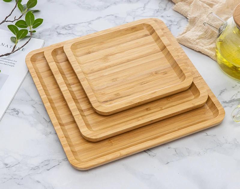 Bamboo Wooden Storage Tray Square Tea Coffee Cup Tray Breakfast Dinner Plate Bread Fruit Cake Food Serving Tray On Sale