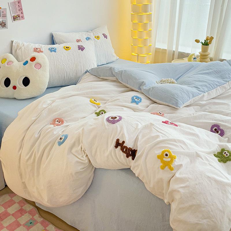 Ultra-soft Pure Cotton Four-piece Set Solid Color Soft and Comfortable Embroidered Four-piece Set Cartoon Skin-friendly Breathable Bedding
