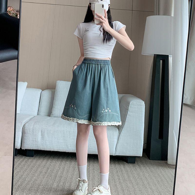 

K-стиль Большой размер Студенческие Эластичные С высокой талией Вышивка Кружево Пэчворк Свободные Широкие джинсовые шорты Хот-пэнтс Женские M-4XL Image color L(Plus size)