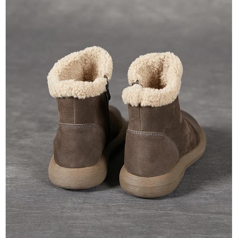 Johnature Genuine Leather Plush Warm Ankle Boots Round Toe Soft Soled Versatile Women's Cotton Boots