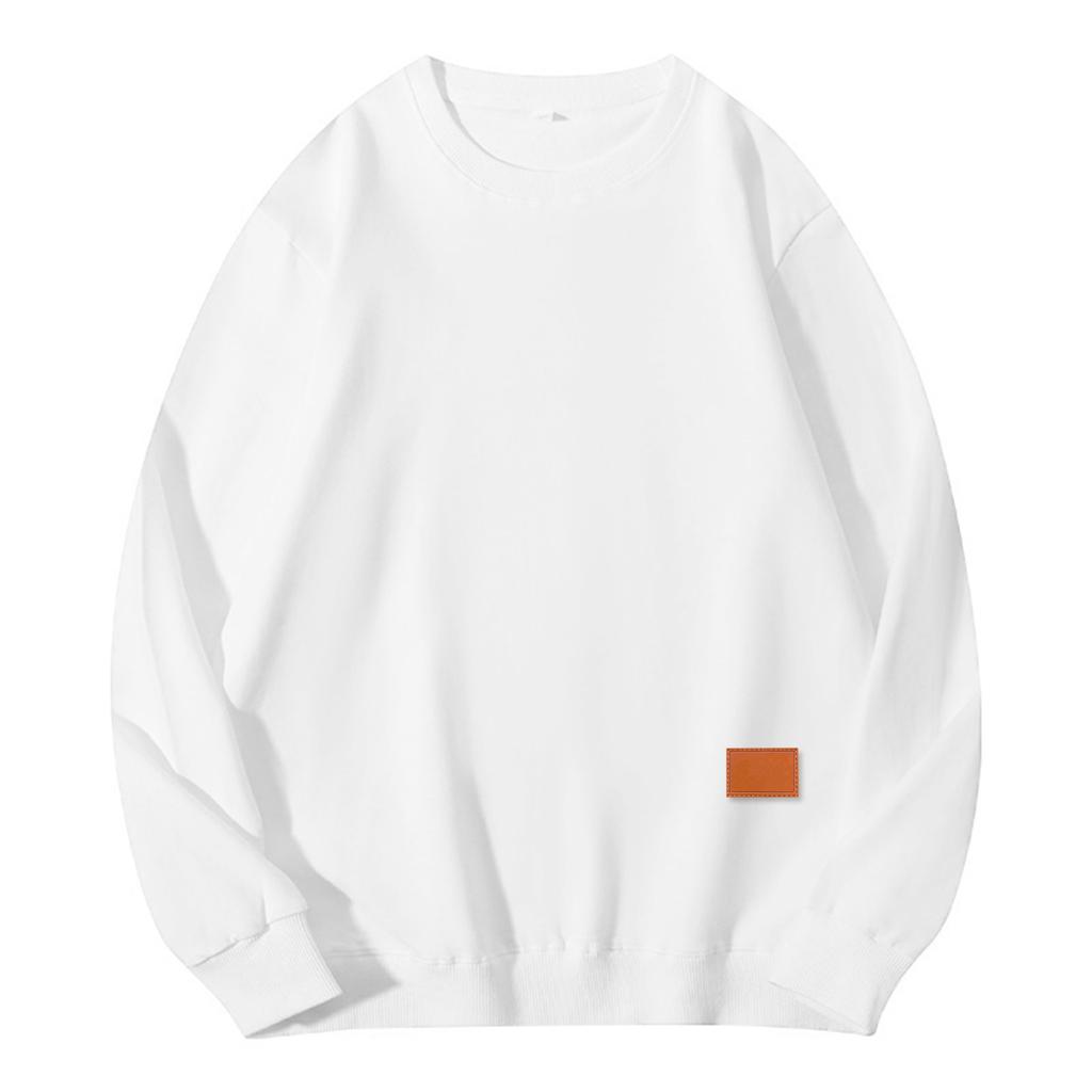 Unisex Solid Color Cowhide Label Round Neck Pullover Ribbed Long-sleeved Sweatshirt