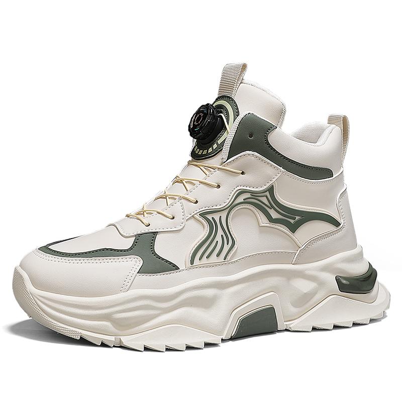 Leather High Top Sports Shoes Men's Autumn Winter New Style Student Color Block Trend Thick Bottom Heightening Dad Casual Shoes