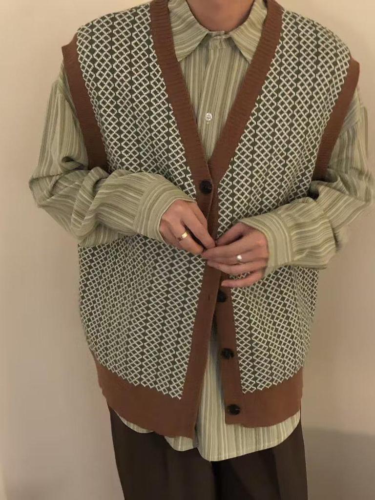 2024 Herren Kaffee Strick Cardigan Weste: Locker, Amerikanischer & Japanischer Stil, Herbst/Winter Trend