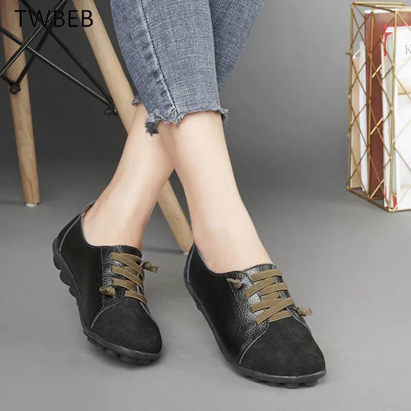 Genuine Leather Women Shoes Woman Spring Ladies Shoes Slip On Ballet Flats Sneakers Women Oxford Shoes Plus Size Moccains