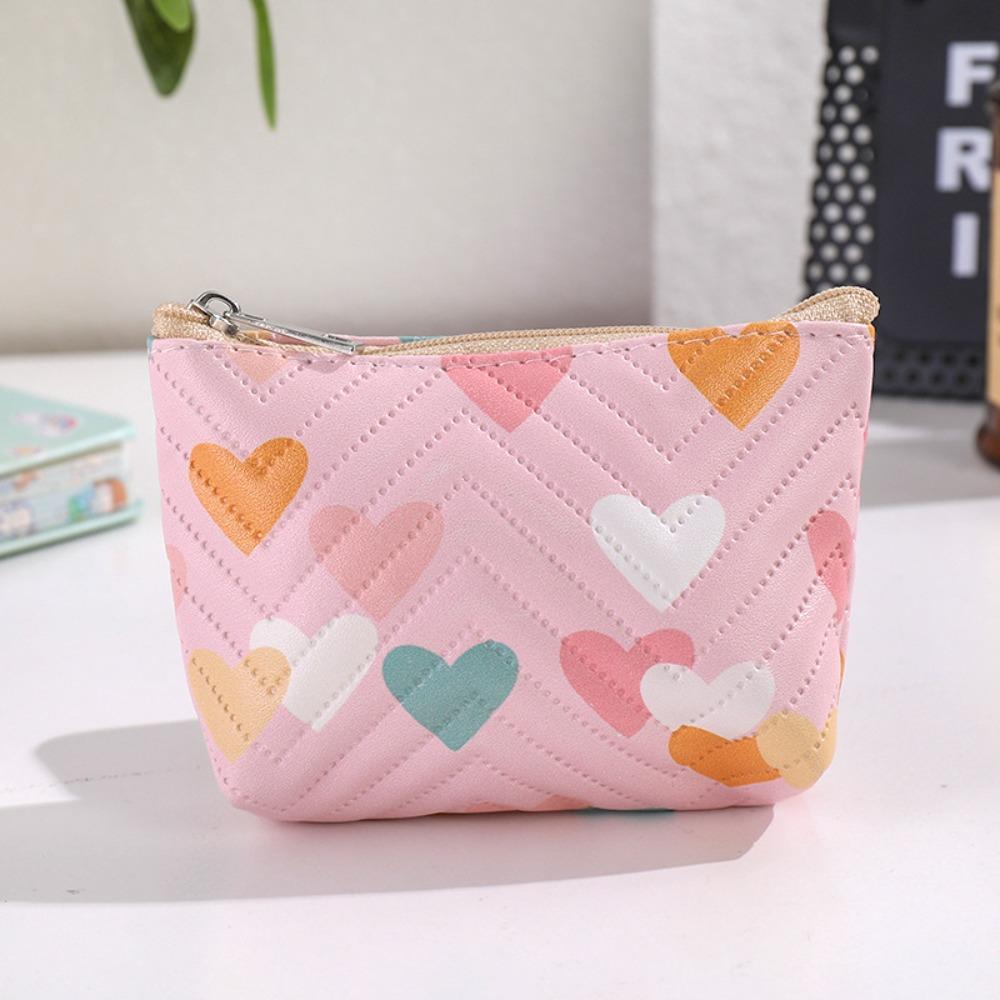 Multi-functional PU Leather Coin Purse Heart Patterns Zipper Closure Mini Wallet Small Makeup Bag Home Travel Lipstick Holder