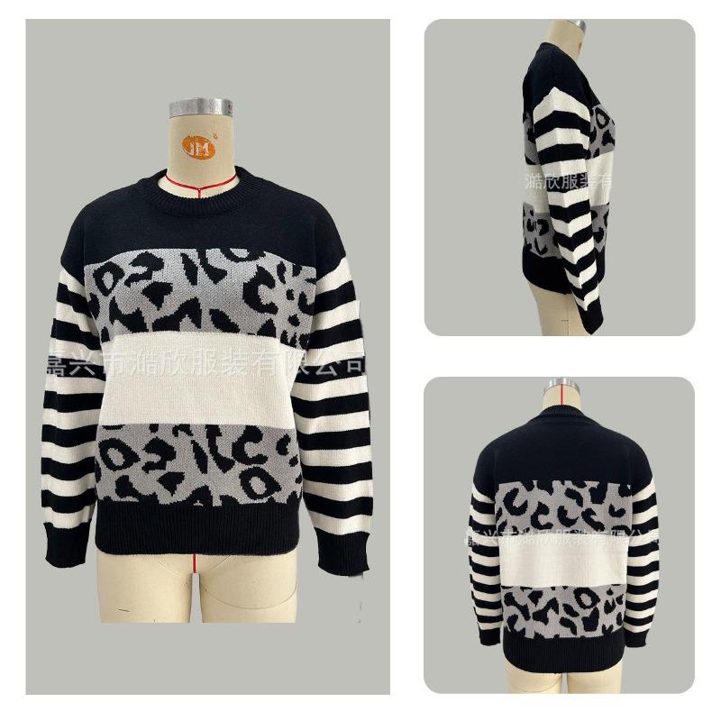 Women S Loose Knit Sweater Round Neck Long Sleeve Leopard Print Color Block Pullover