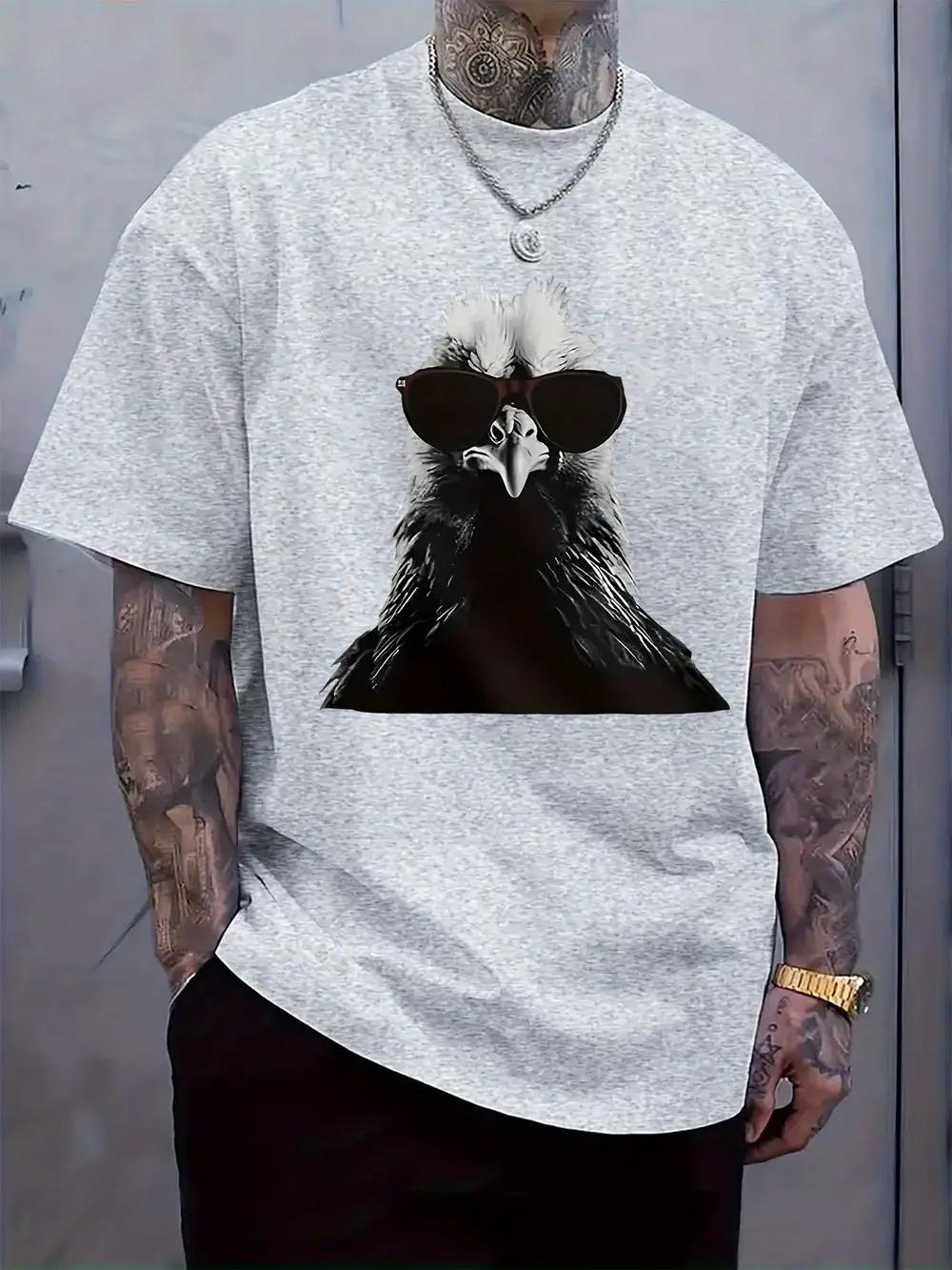 Light Gray Casual T-shirt with Stylish Rooster Print - Short Sleeve XXXL