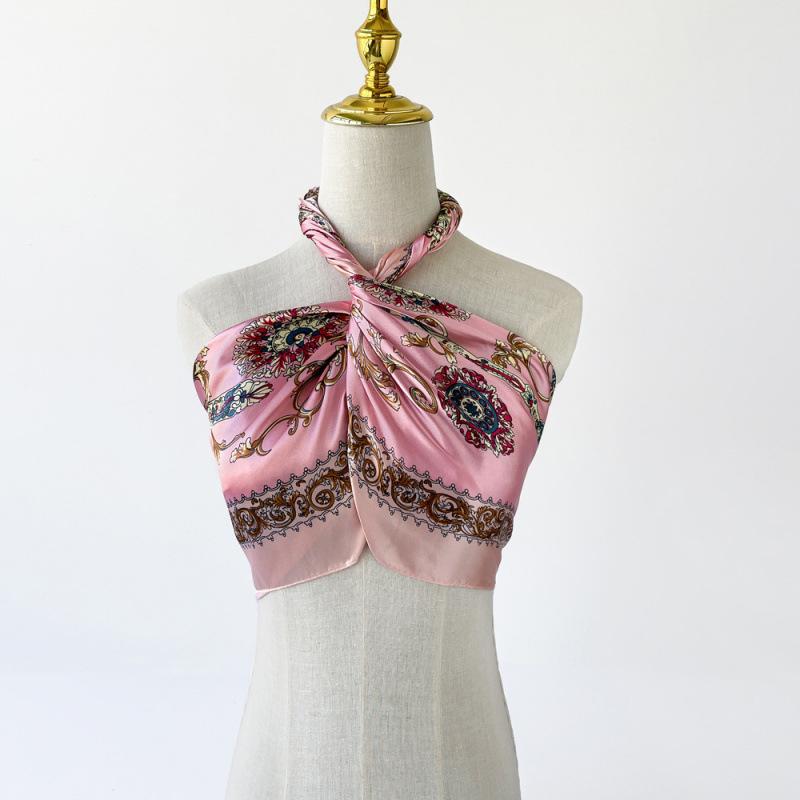 Silk Scarf Large Square Scarf Women's High-end Silk Scarf Fan Printed Scarf Beige Headscarf