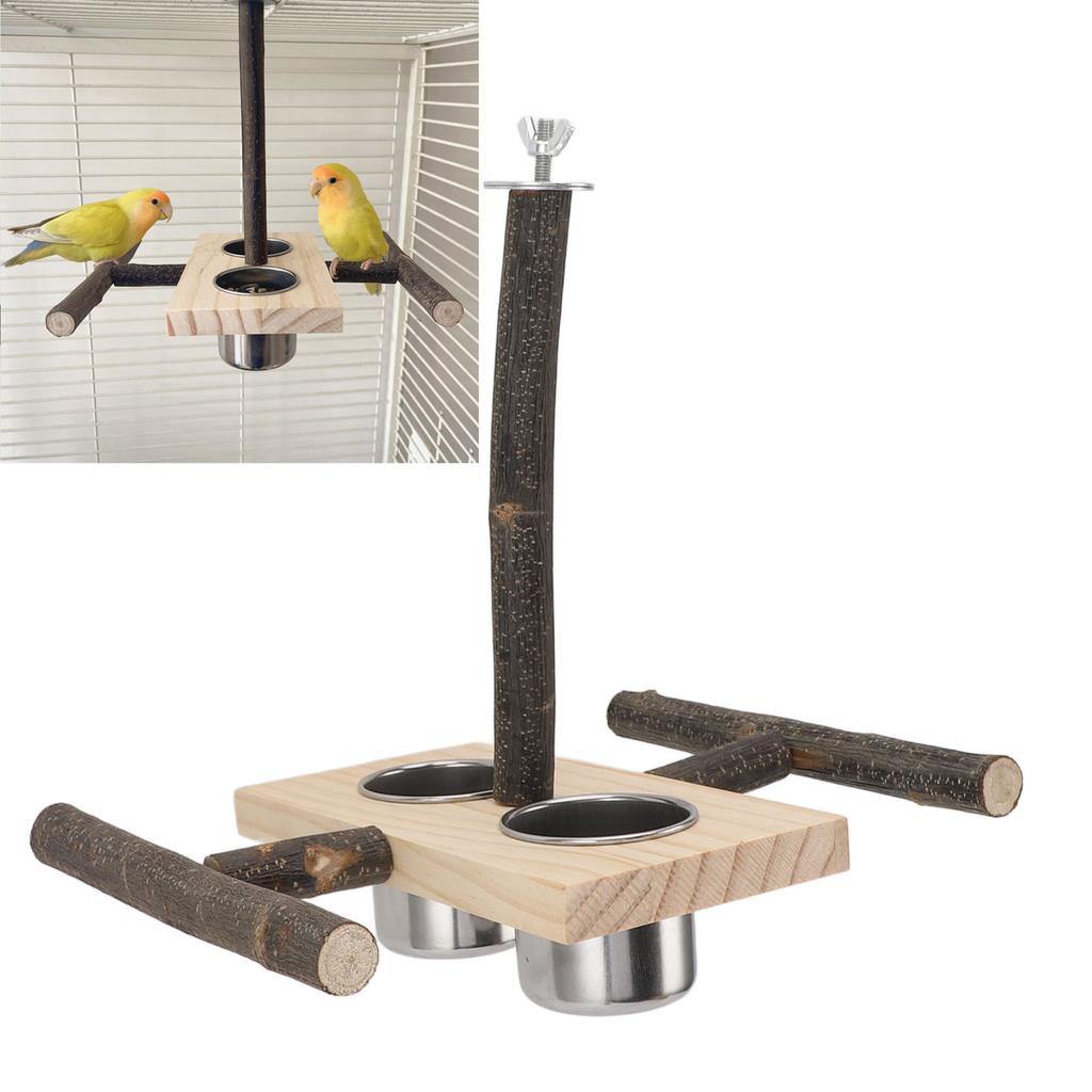 Wooden Perch Stand Hanging Bowls Bird Food Stainless Steel Cups Wood Perch Stand Hanging Feeder Bowl