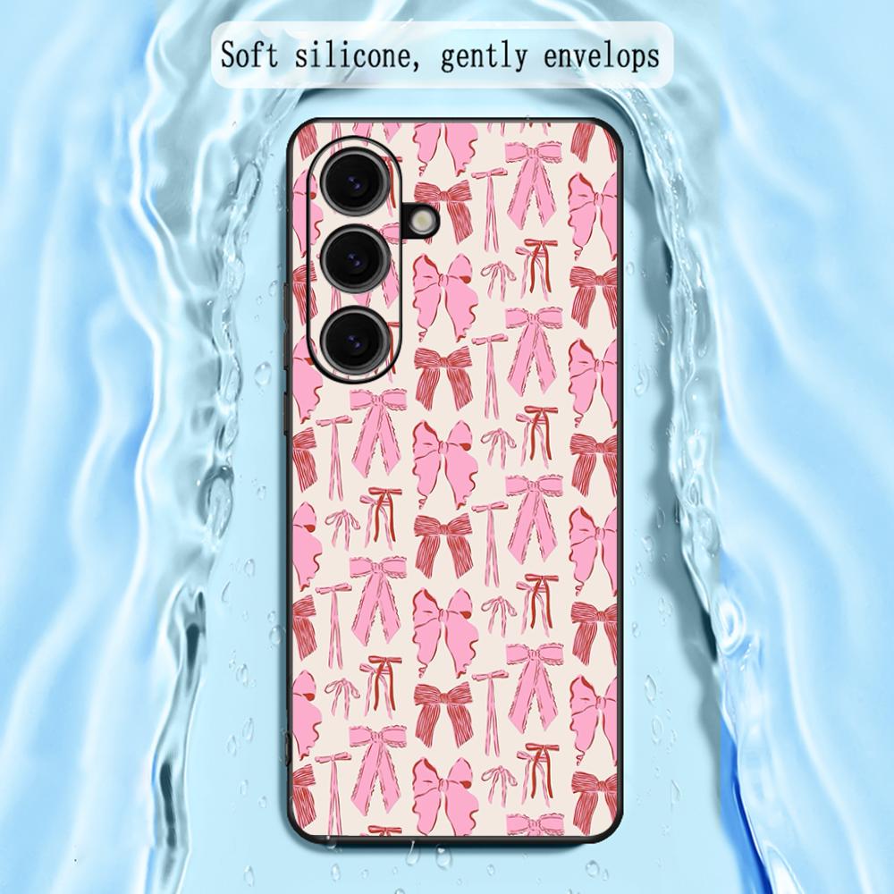 Bow Cute Pink Girly Cartoon Design Phone Case For Samsung Galaxy S26 S25 S24 S23 S22 S21 Plus Ultra Note20 Soft Black
