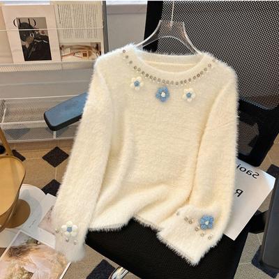 French Gentle Style Women's Knitted Sweater with Beaded Flower Decoration On The Collar Plush Comfortable Ladies Pullover Sweater