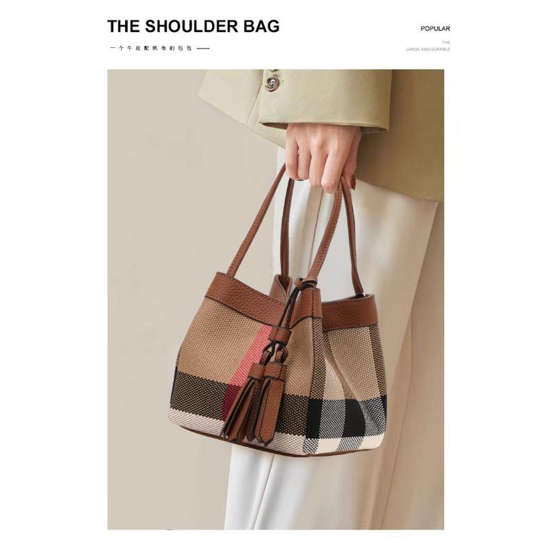 Neue Damen-Umhängetasche aus echtem Leder und Canvas, Eimertasche, kleine Tasche