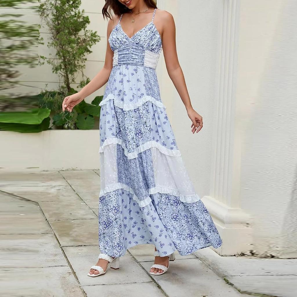 Women's Spring/Summer Casual V-Neck Floral Printed Beach Midi Dresses