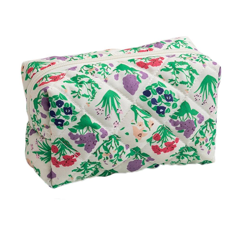 Portable Quilted Cotton Cosmetic Bag Flower Printed Large Capacity Makeup Bag Travel Organizer Washbag