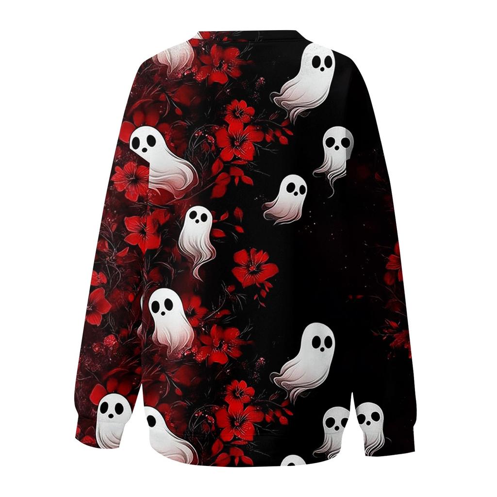 Women's Fashion Casual Long Sleeve Halloween Printed Neck Sweatshirt Top