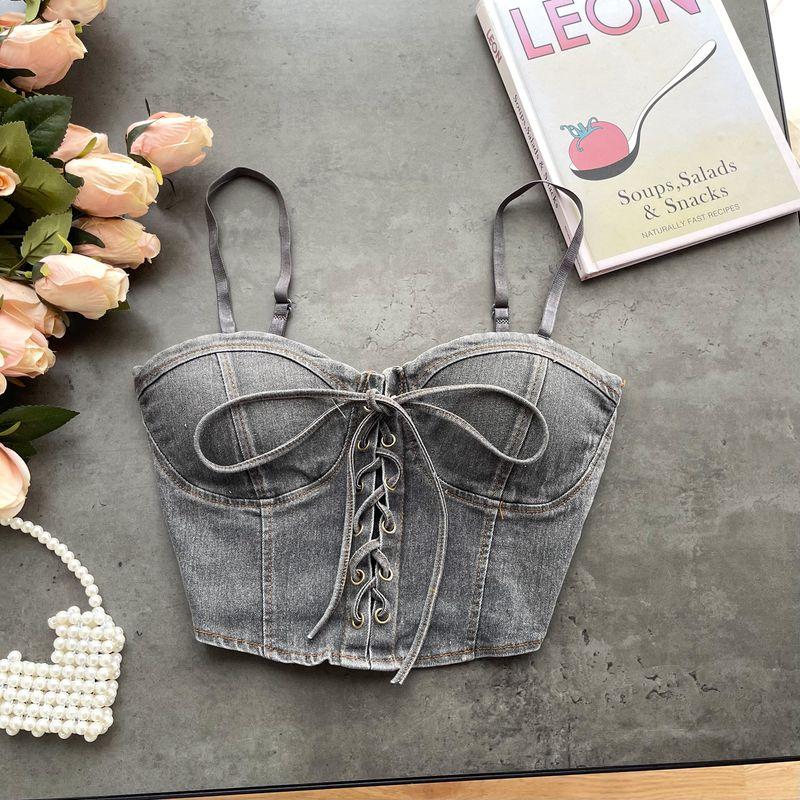 Pure Desire Sexy Denim Camisole Female Sexy with Breast Pad Slim-Fit All-Matching Short Beauty Back Chic Tied Top